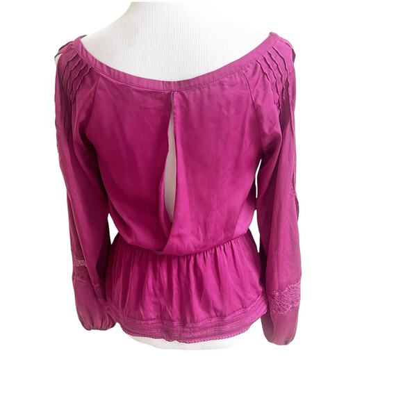 Bebe Y2K Peplum Top Satin Long Sleeve Size XS Fuschia Pink Slit Shoulder Lace - Picture 2 of 11